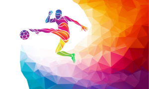 An image of a rainbow-colored silhouette kicking a soccer ball.