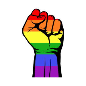 A fist decked out in rainbow colors.