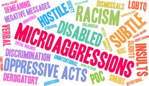 The word "microaggressions" surrounded by related terms such as "racism," "oppressive acts," and "insults."